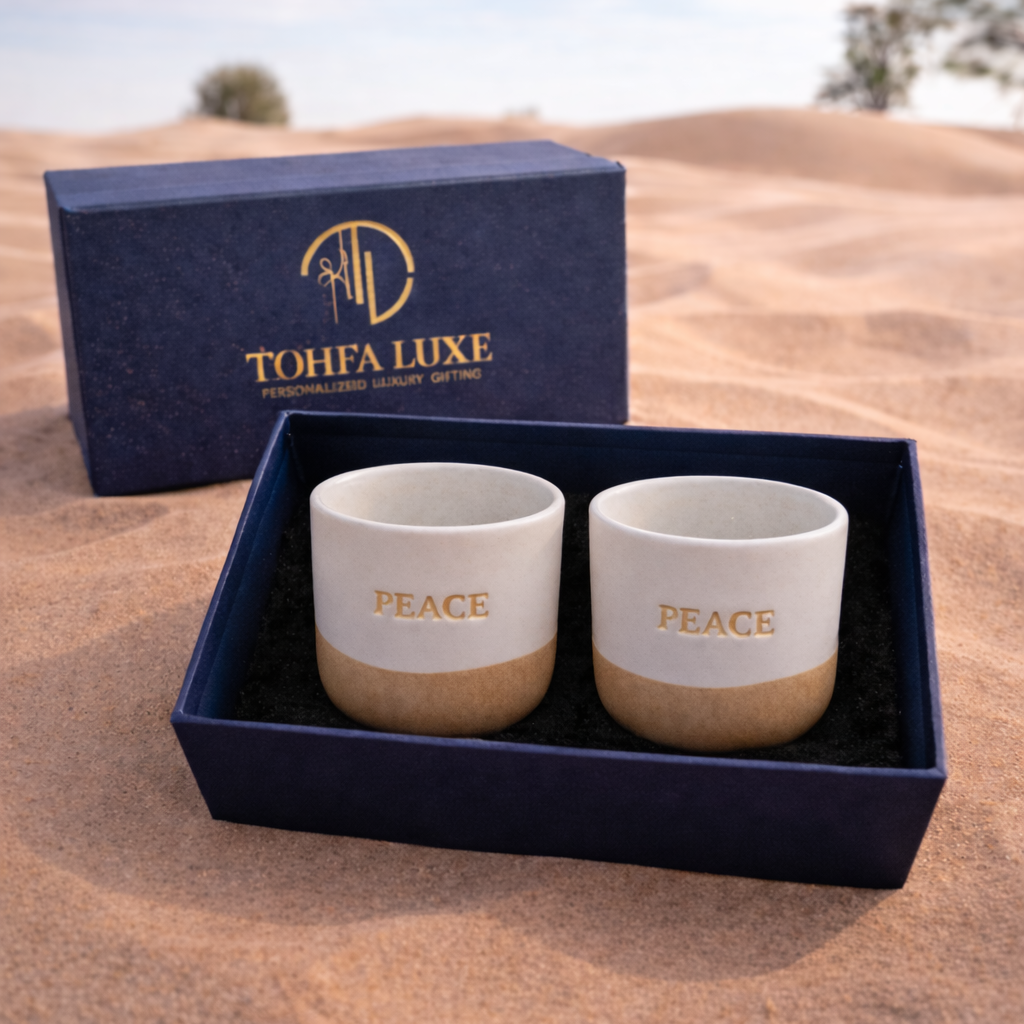 Peace Ceramic Gold Engraved Cup Set – English & Arabic - Set of 2 - Gift Box
