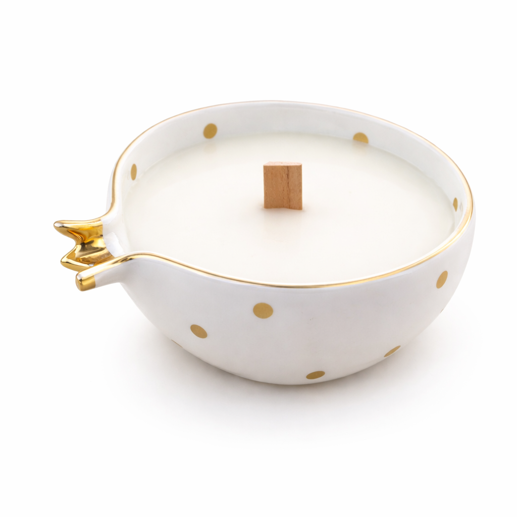 Half Pomegranate Soy Candle – Ivory Ceramic with 22K Gold Plating (300 ml)
