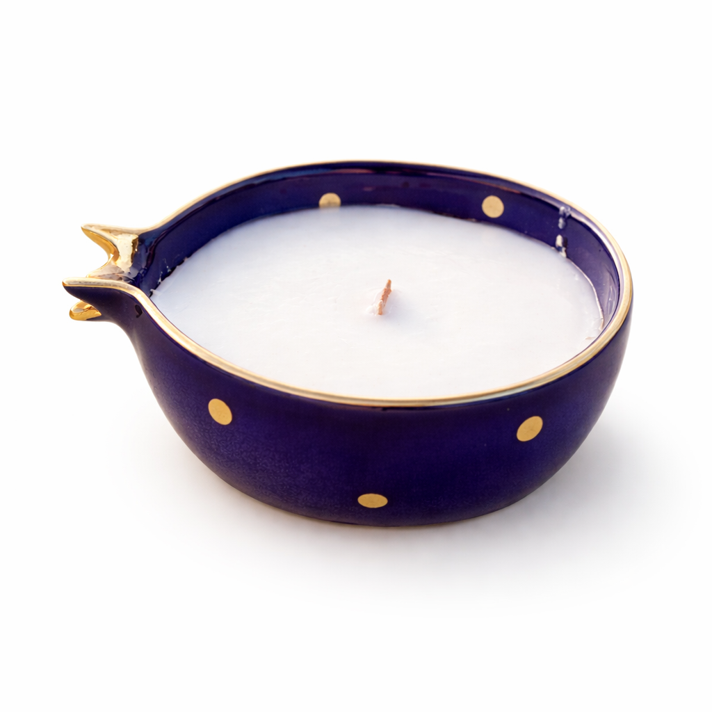 Half Pomegranate Soy Candle – Blue Ceramic with 22K Gold Plating (300 ml)