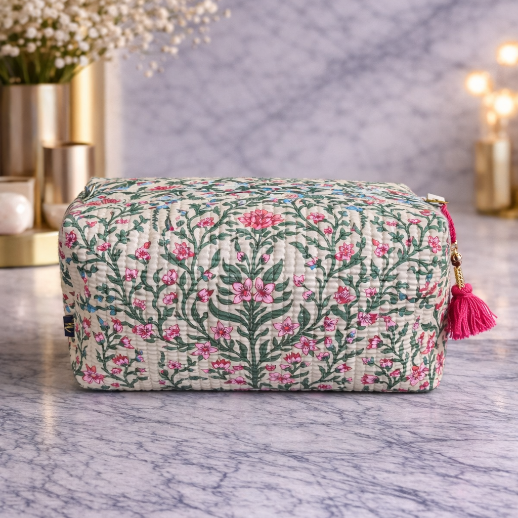 Zova Beige Handmade Block Printed Pouch - Large