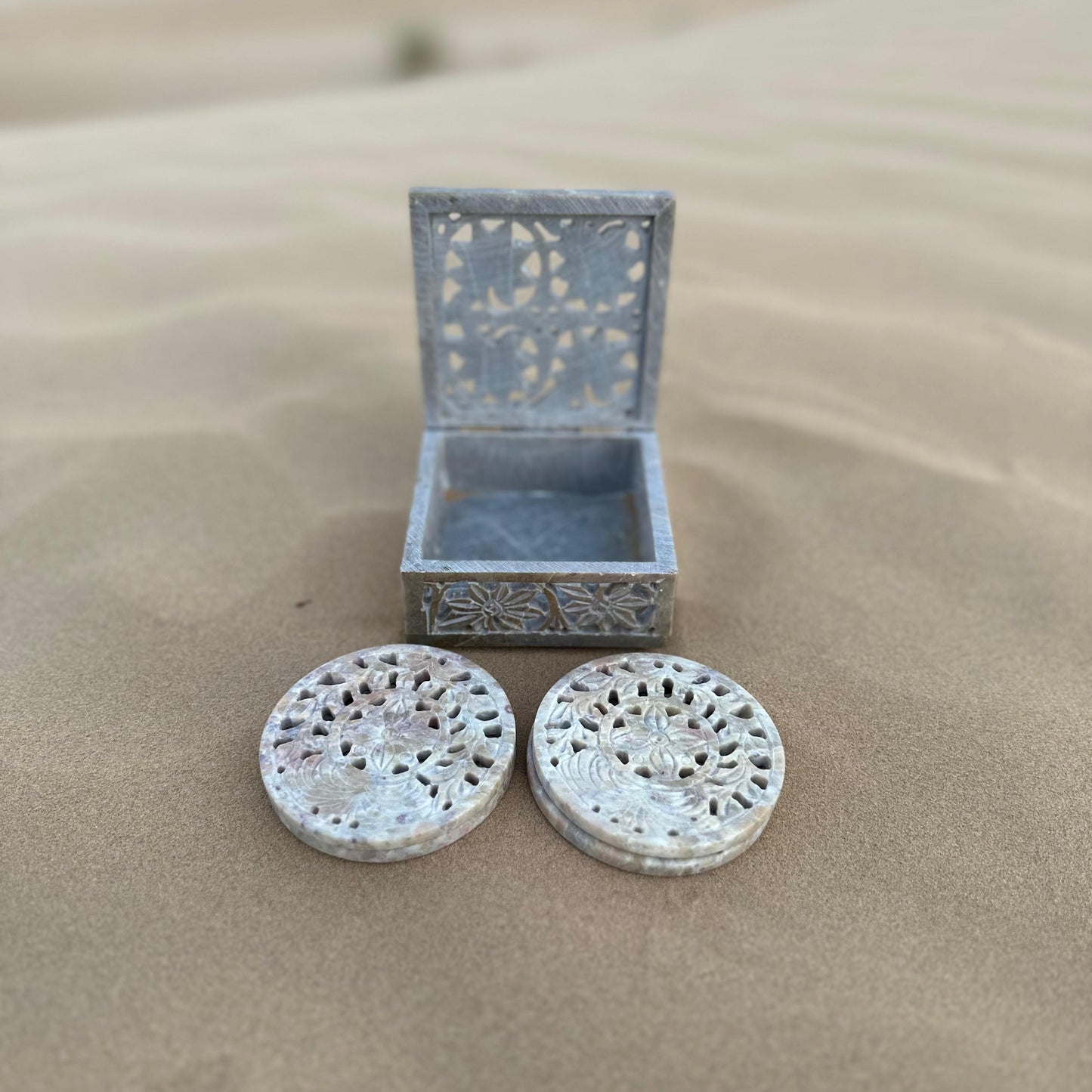 Palm Cutwork Marble Coaster Set of 4 with Matching Marble Box