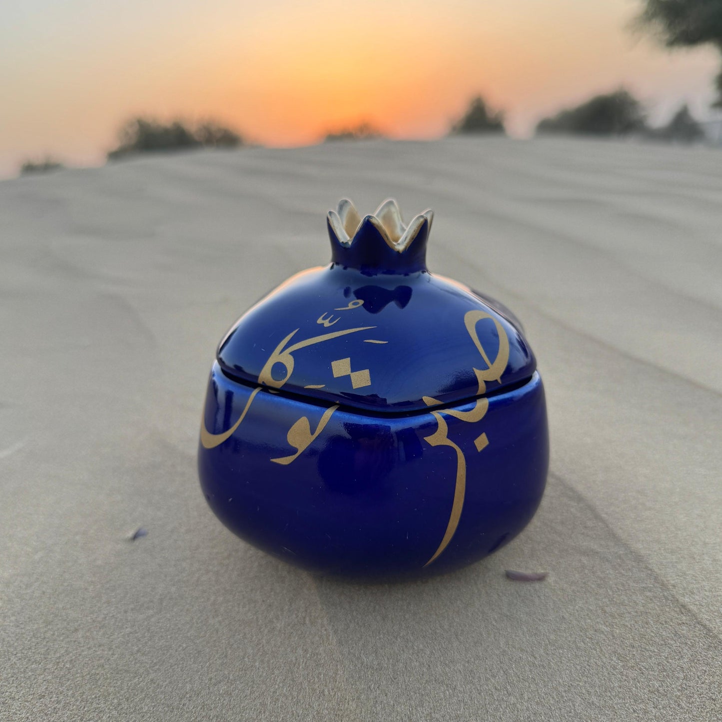 Patience & Trust Calligraphy Lidded Ceramic Pomegranate – Majestic Blue