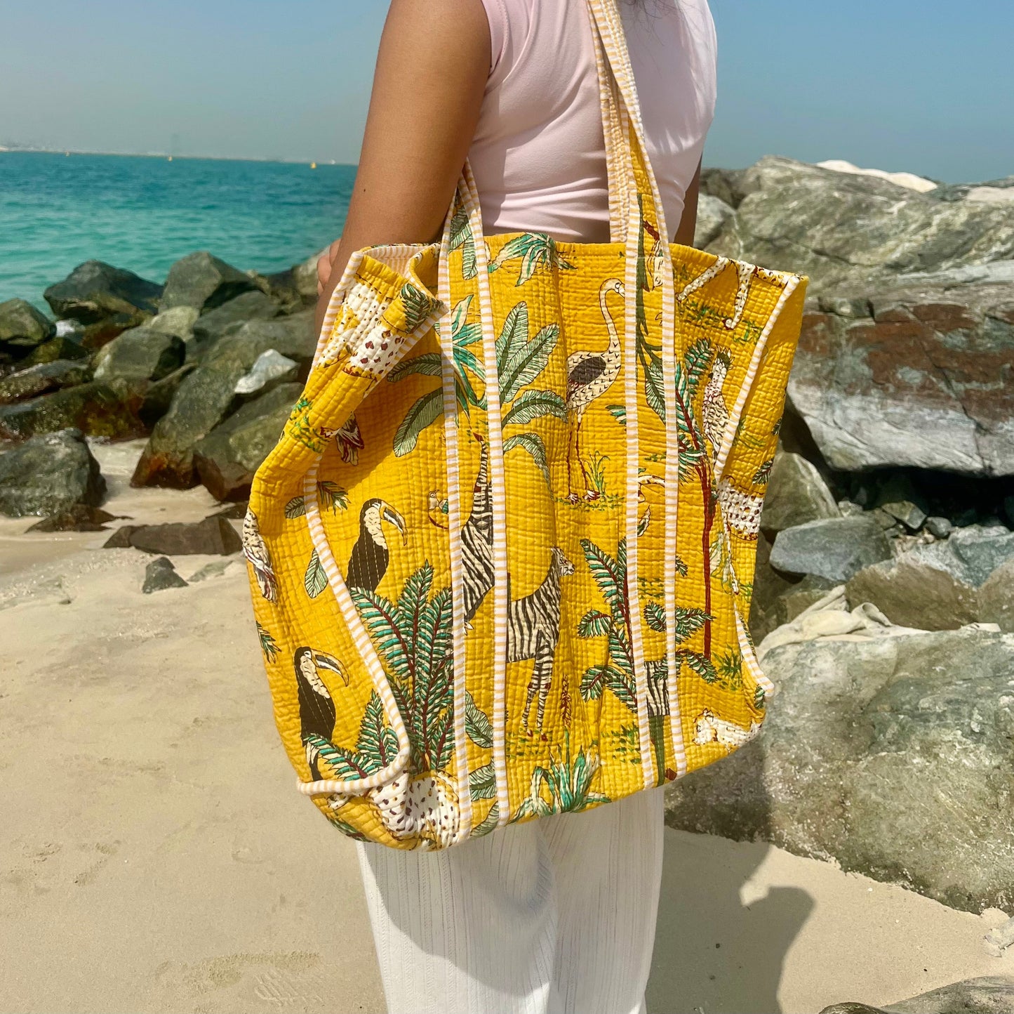 Amaya Jungle Stitch Tote Handbag– Hand Block-Printed Cotton