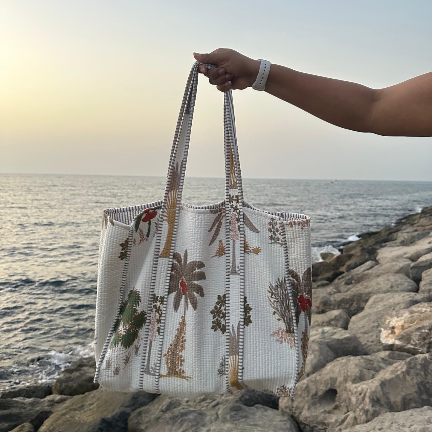 Palm Tote Handbag– Hand Block-Printed Cotton
