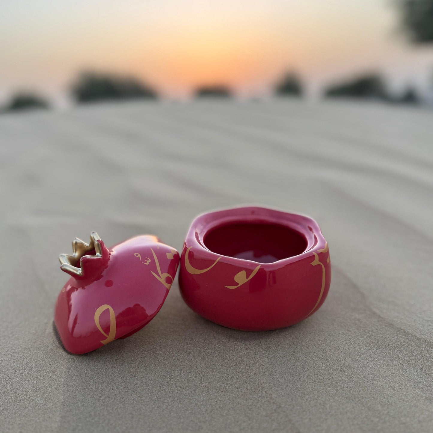 Patience & Trust Calligraphy Lidded Ceramic Pomegranate – Deep Red
