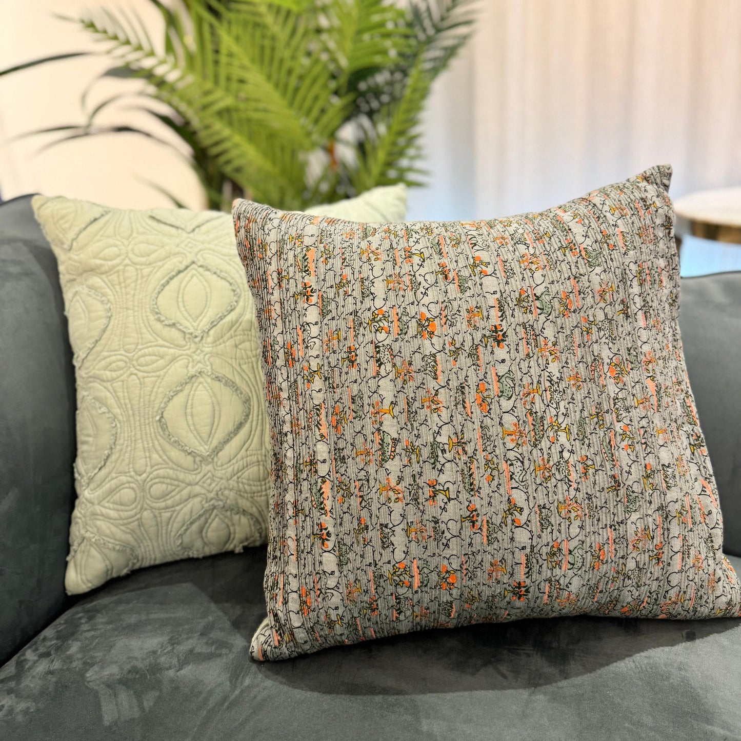 Eira Hand-Pleated Printed Silk Tussar Cushion – 45 x 45 cm