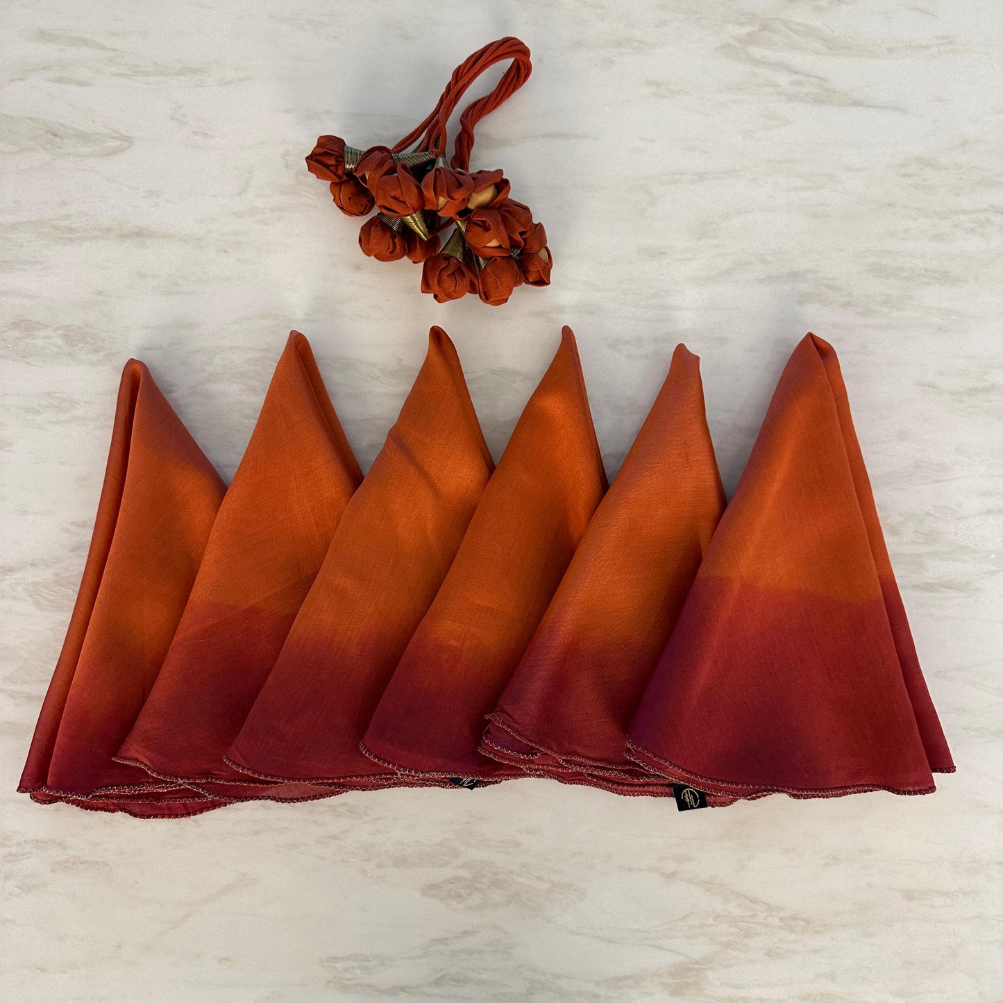 Rust to Maroon Ombre Napkin Set with Handcrafted Floral Ties – Set of 6 (50 cm Diameter)