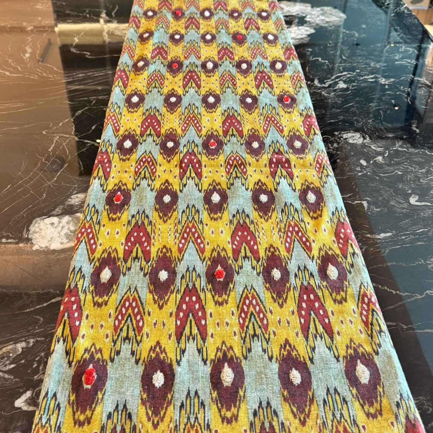 Ikat Woven Embroidered Table Runner with Tassels – 250 x 40 cm