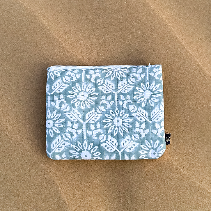 Zyra Handmade Block Printed Flat Pouch - Green