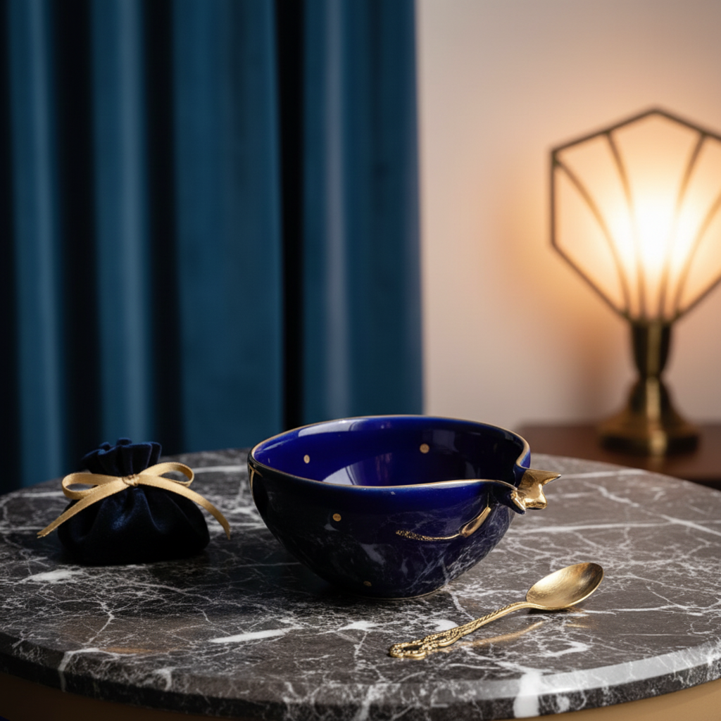 Half Pomegranate Bowl – Blue with 22K Gold Plating