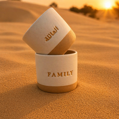 Home & Family Ceramic Gold Engraved Cup Set – English & Arabic - Set of 2 - Gift Box
