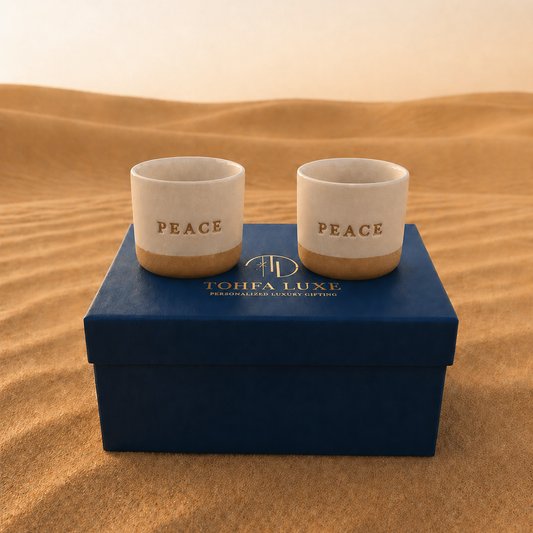 Peace Ceramic Gold Engraved Cup Set – English & Arabic - Set of 2 - Gift Box