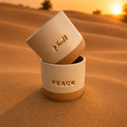 Peace Gold Engraved Single Ceramic Cup - Cream & Gold
