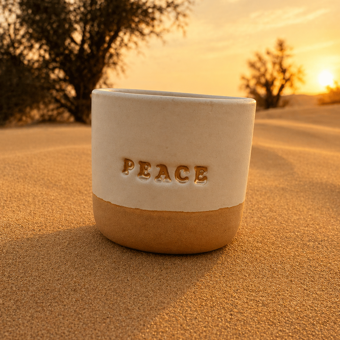 Peace Gold Engraved Single Ceramic Cup - Cream & Gold