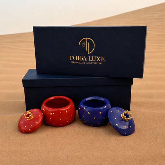 Handmade Lidded Ceramic Annar (Pomegranate) Bowls – Set of 2 Red & Blue Decorative Storage & Serveware Gift Set