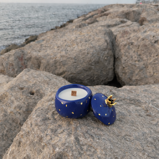 Lidded Blue Ceramic Annar( Pomegranate)  Soy Wax Candle – 150ml Luxury Handmade