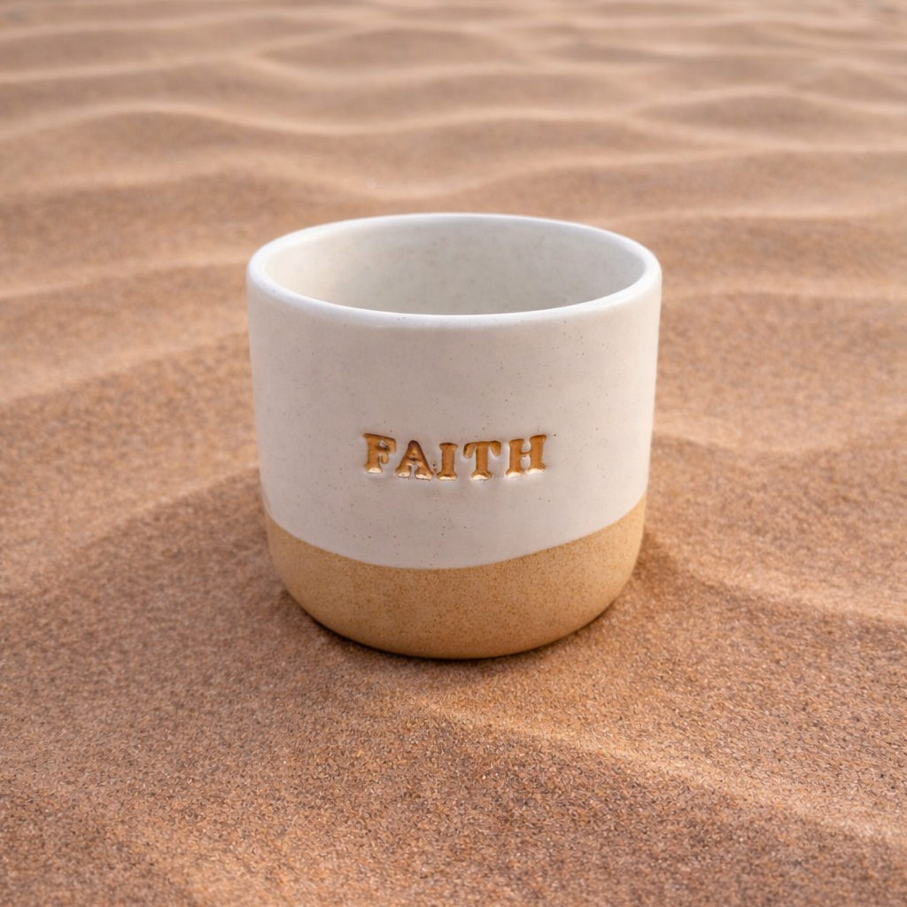 Faith Gold Engraved Single Ceramic Cup - Cream & Gold