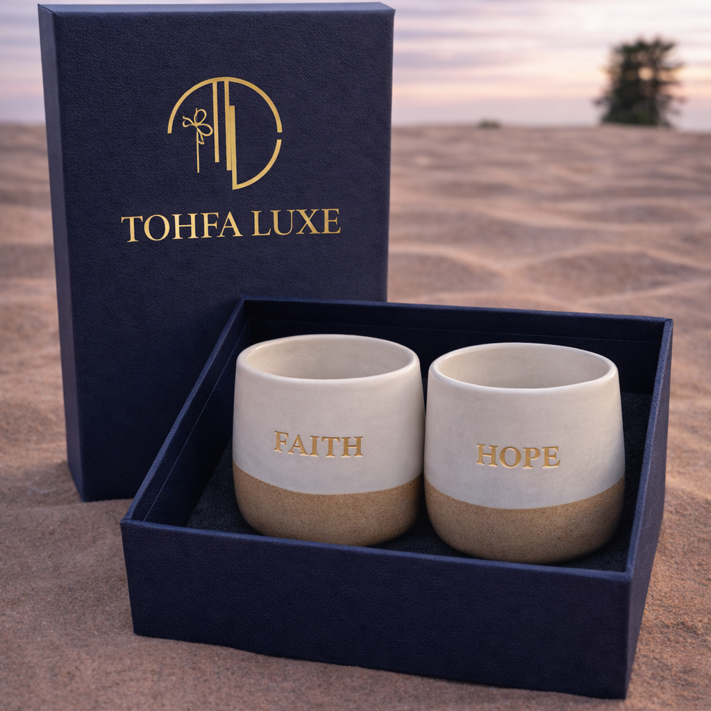 Hope & Faith Ceramic Gold Engraved Cup Set – English & Arabic - Set of 2 - Gift Box