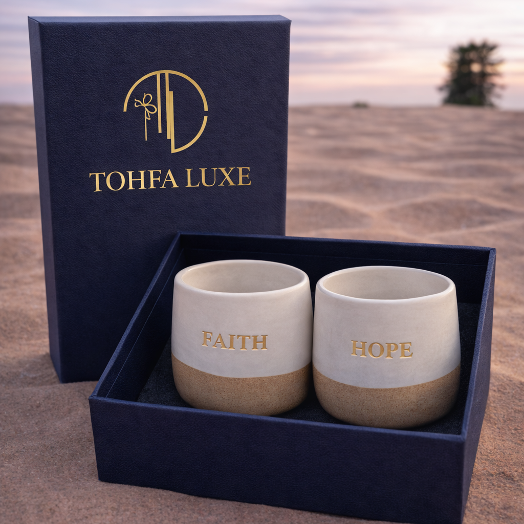 Hope & Faith Ceramic Gold Engraved Cup Set – English & Arabic - Set of 2 - Gift Box