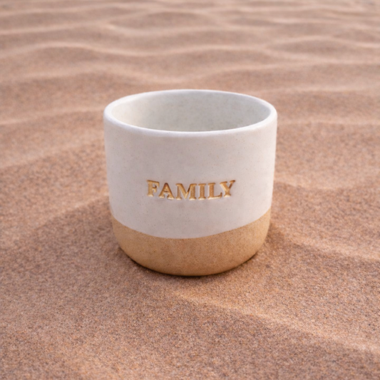 Family Gold Engraved Single Ceramic Cup - Cream & Gold