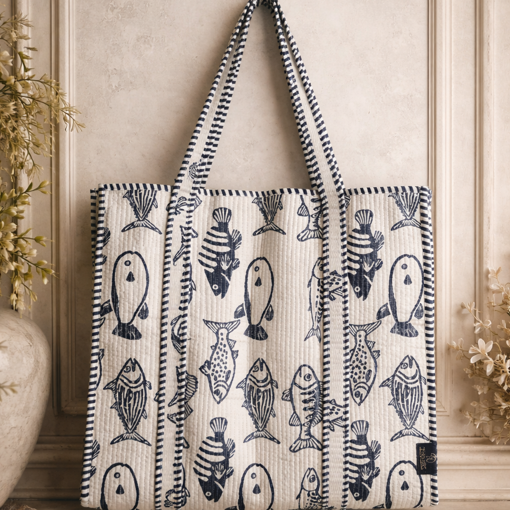 Fish Tote Bag – Hand Block-Printed Cotton Handbag