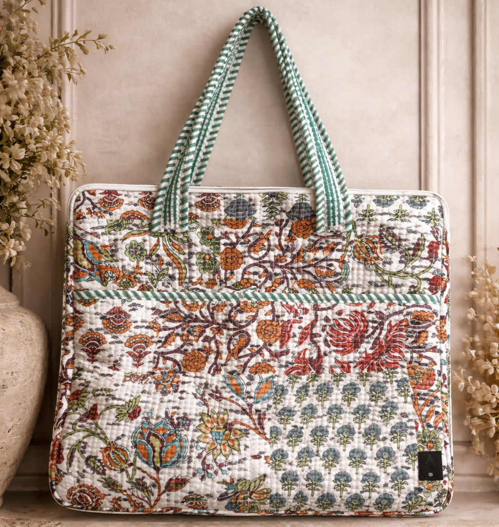 Tohfa Luxe Rawdah Laptop Bag – Hand Block-Printed Cotton