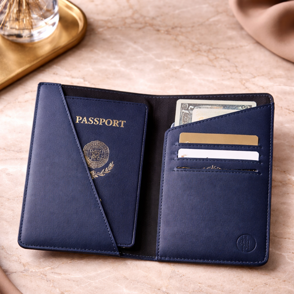 Navy Blue Voyage Leather Passport Holder
