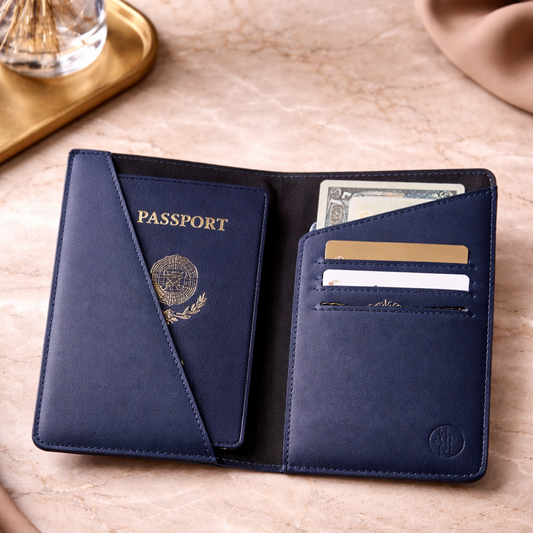 Navy Blue Voyage Leather Passport Holder