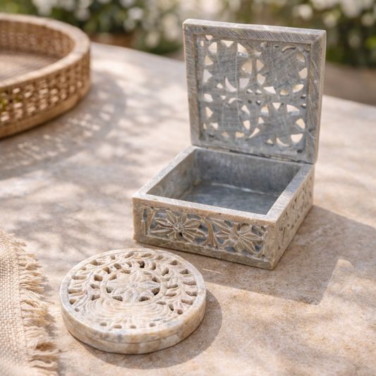 Palm Cutwork Marble Coaster Set of 4 with Matching Marble Box