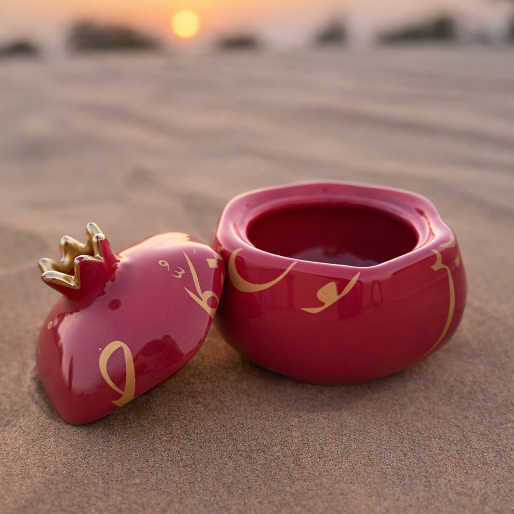 Patience & Trust Calligraphy Lidded Ceramic Pomegranate – Deep Red
