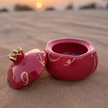 Patience & Trust Calligraphy Lidded Ceramic Pomegranate – Deep Red