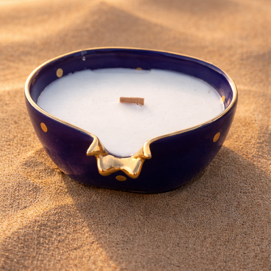 Half Pomegranate Soy Candle – Blue Ceramic with 22K Gold Plating (300 ml)