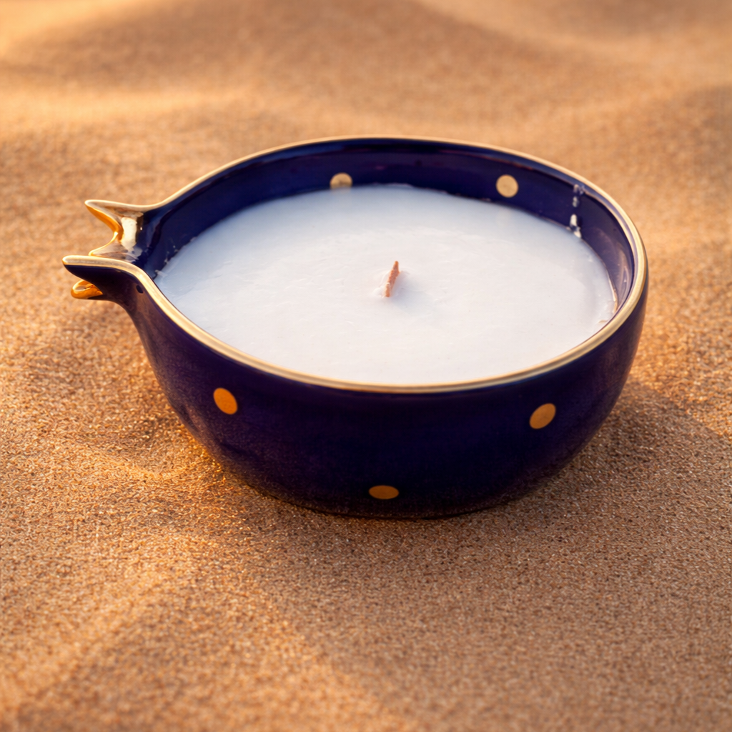 Half Pomegranate Soy Candle – Blue Ceramic with 22K Gold Plating (300 ml)
