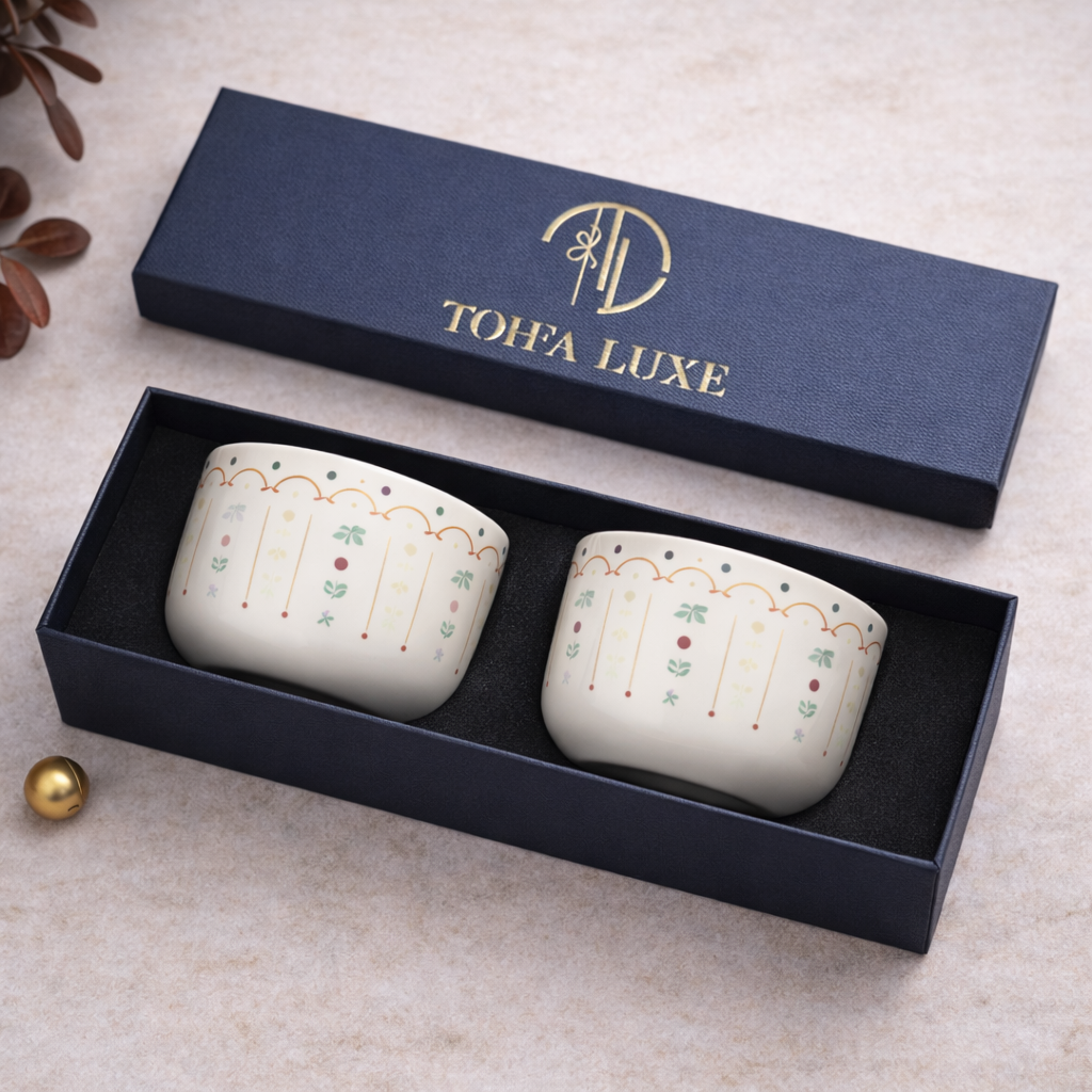 Zahra Ceramic Cup - Set of 2– Colorful Arabic Print - in Gift Box