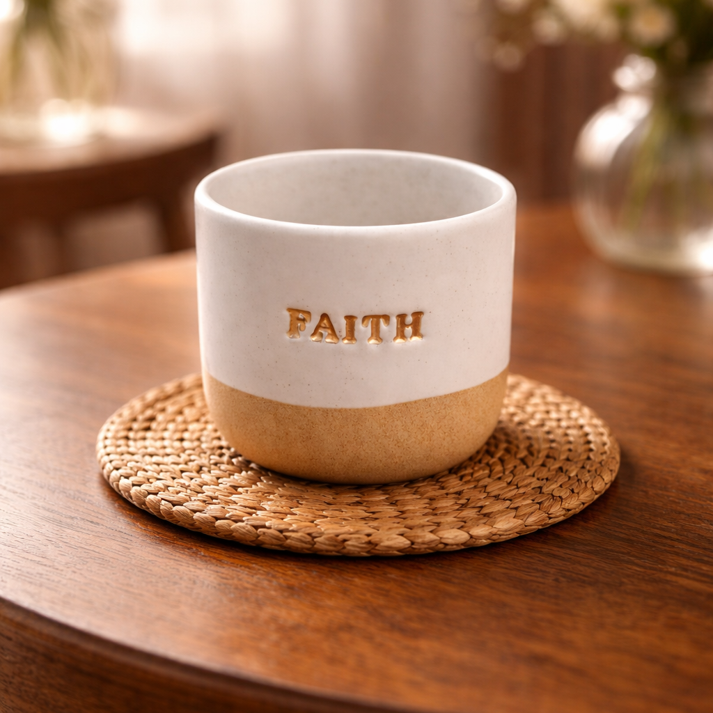 Faith Gold Engraved Single Ceramic Cup - Cream & Gold