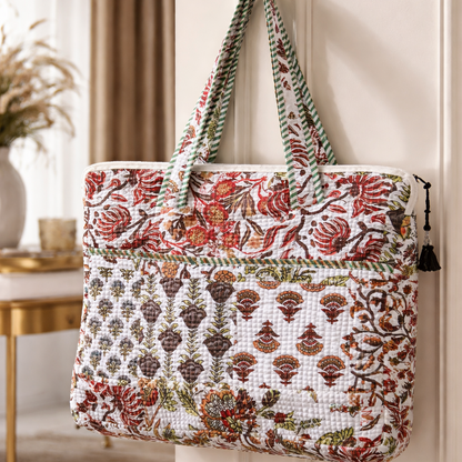Tohfa Luxe Botanica Heritage Laptop Bag – Hand Block-Printed Cotton