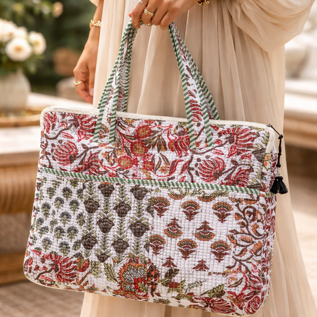 Tohfa Luxe Botanica Heritage Laptop Bag – Hand Block-Printed Cotton