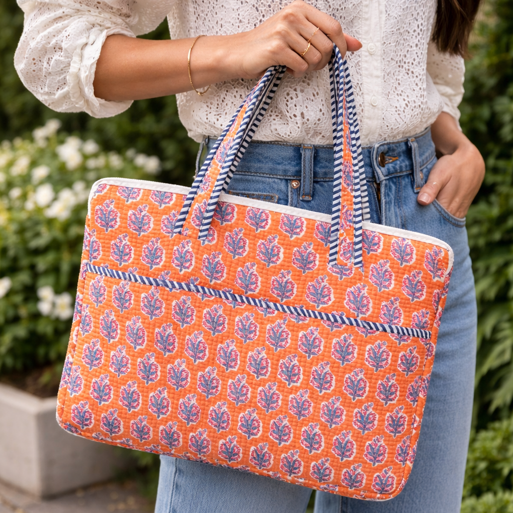 Tohfa Luxe Zahra Laptop Bag – Hand Block-Printed Cotton