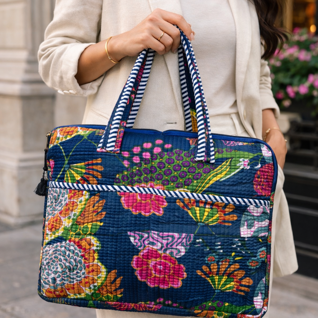 Tohfa Luxe Indigo Bloom Laptop Bag – Quilted Hand Block-Printed Cotton