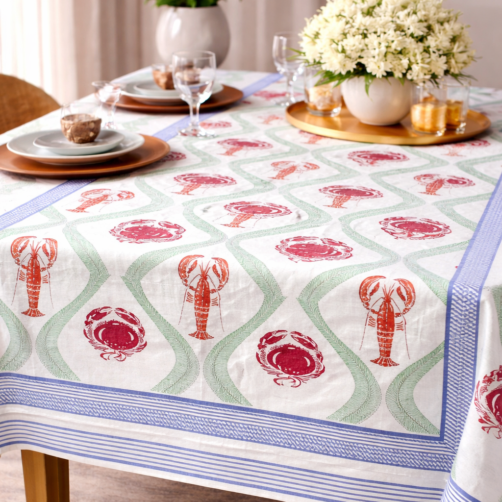 Crab and lobster block printed table cloth