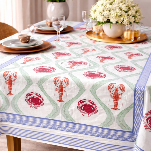 Crab and lobster block printed table cloth