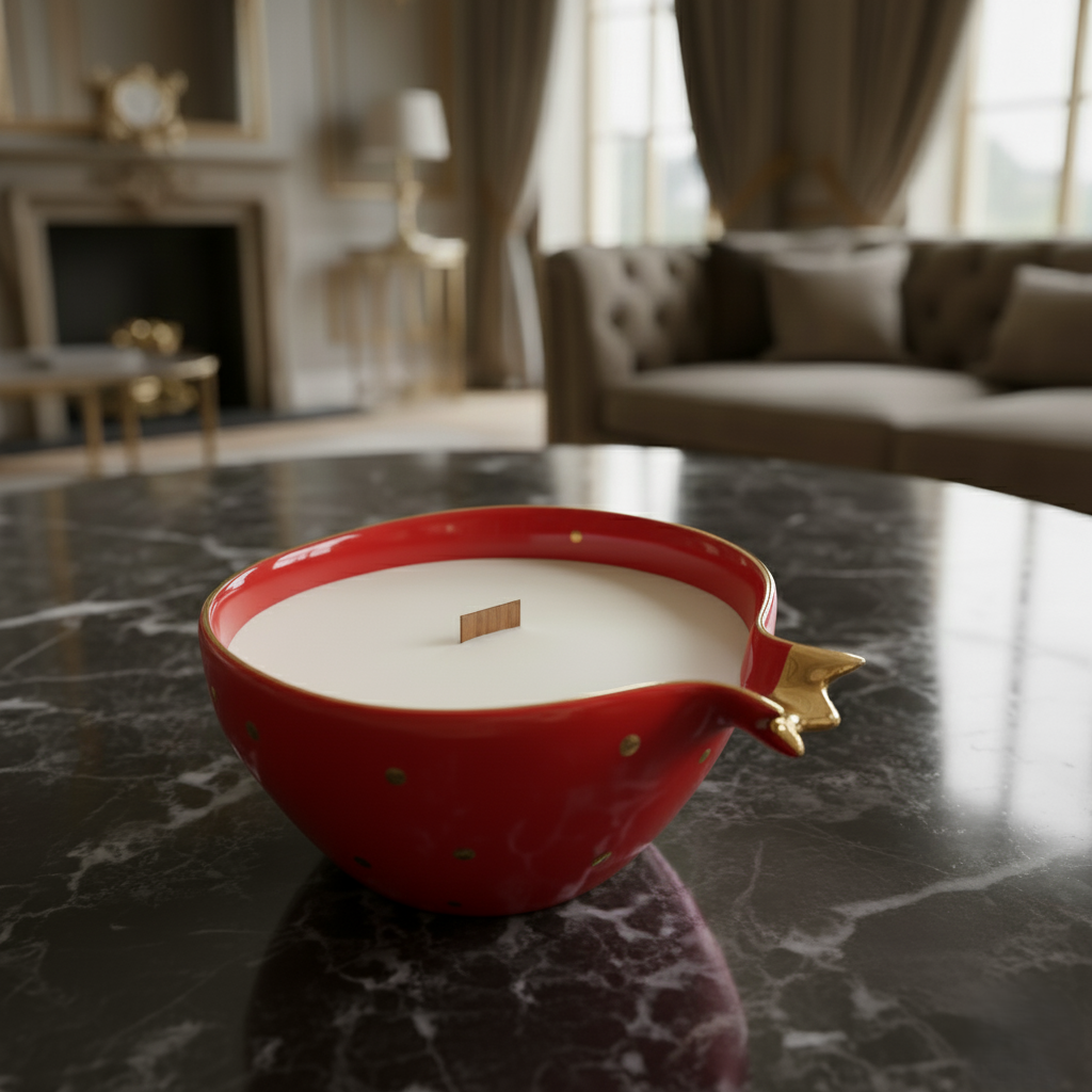 Half Pomegranate Soy Candle – Red Ceramic with 22K Gold Plating (300 ml)