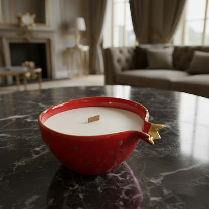 Half Pomegranate Soy Candle – Red Ceramic with 22K Gold Plating (300 ml)