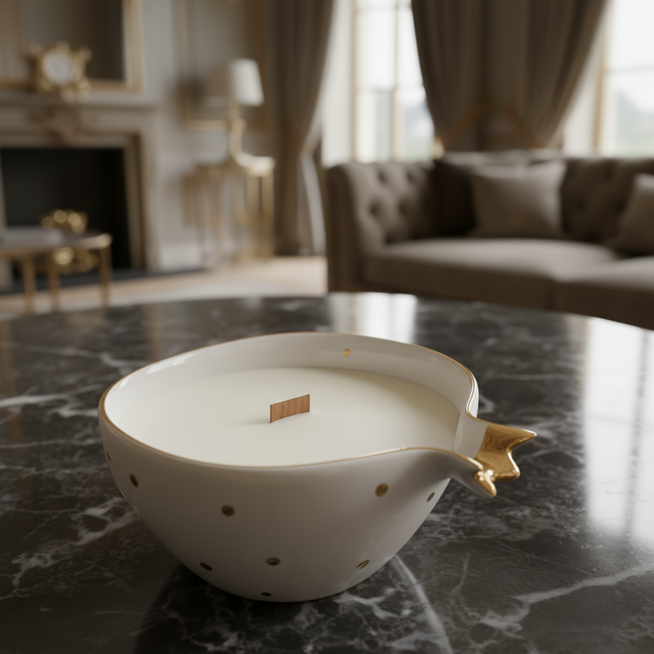 Half Pomegranate Soy Candle – Ivory Ceramic with 22K Gold Plating (300 ml)