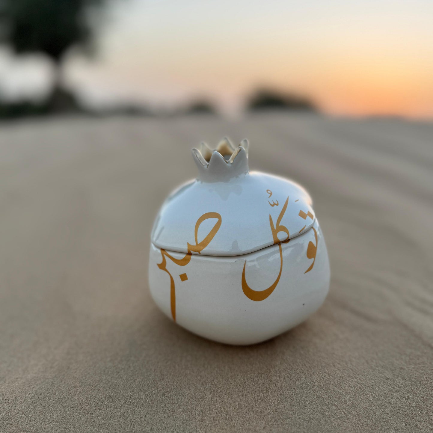 Patience & Trust Calligraphy Lidded Ceramic Pomegranate – Ivory