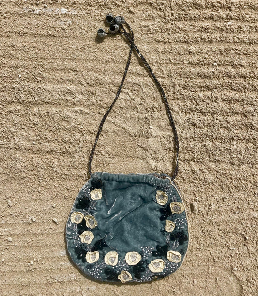 Elara Bloom Velvet Potli – Hand-Appliquéd Floral Clutch