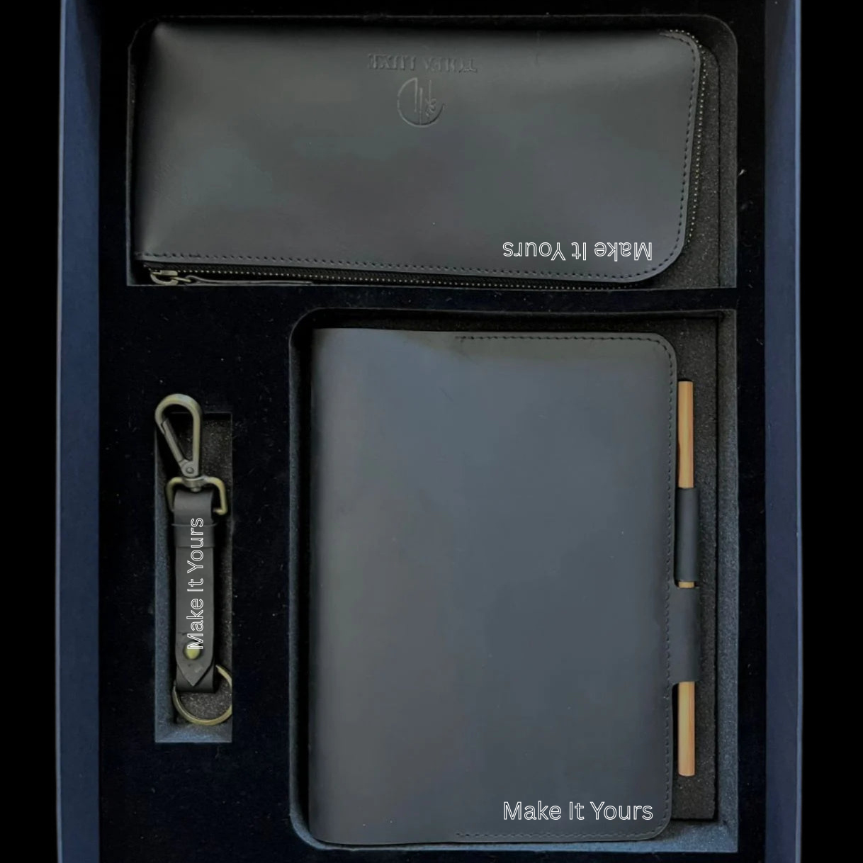 Personalized Engraving Premium Leather Desk Gift Set of 3 - Black