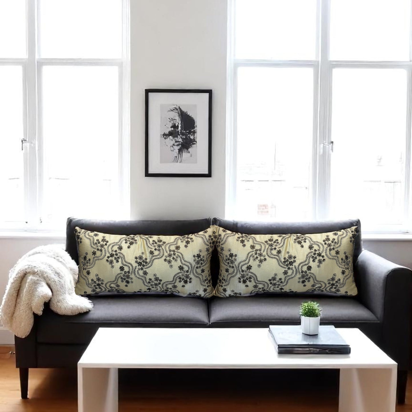 Beige & Gold Handwoven Silk Cushion – 30 x 60 cm