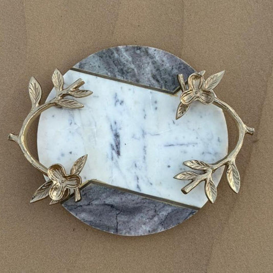 Athar Marble & Brass Floral Handle Platter