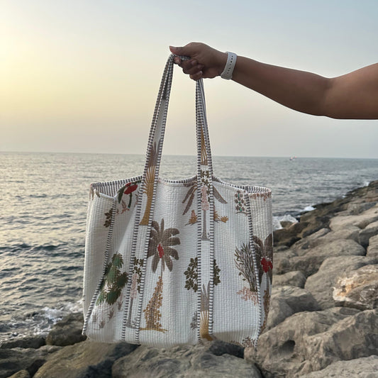 Palm Tote Handbag– Hand Block-Printed Cotton